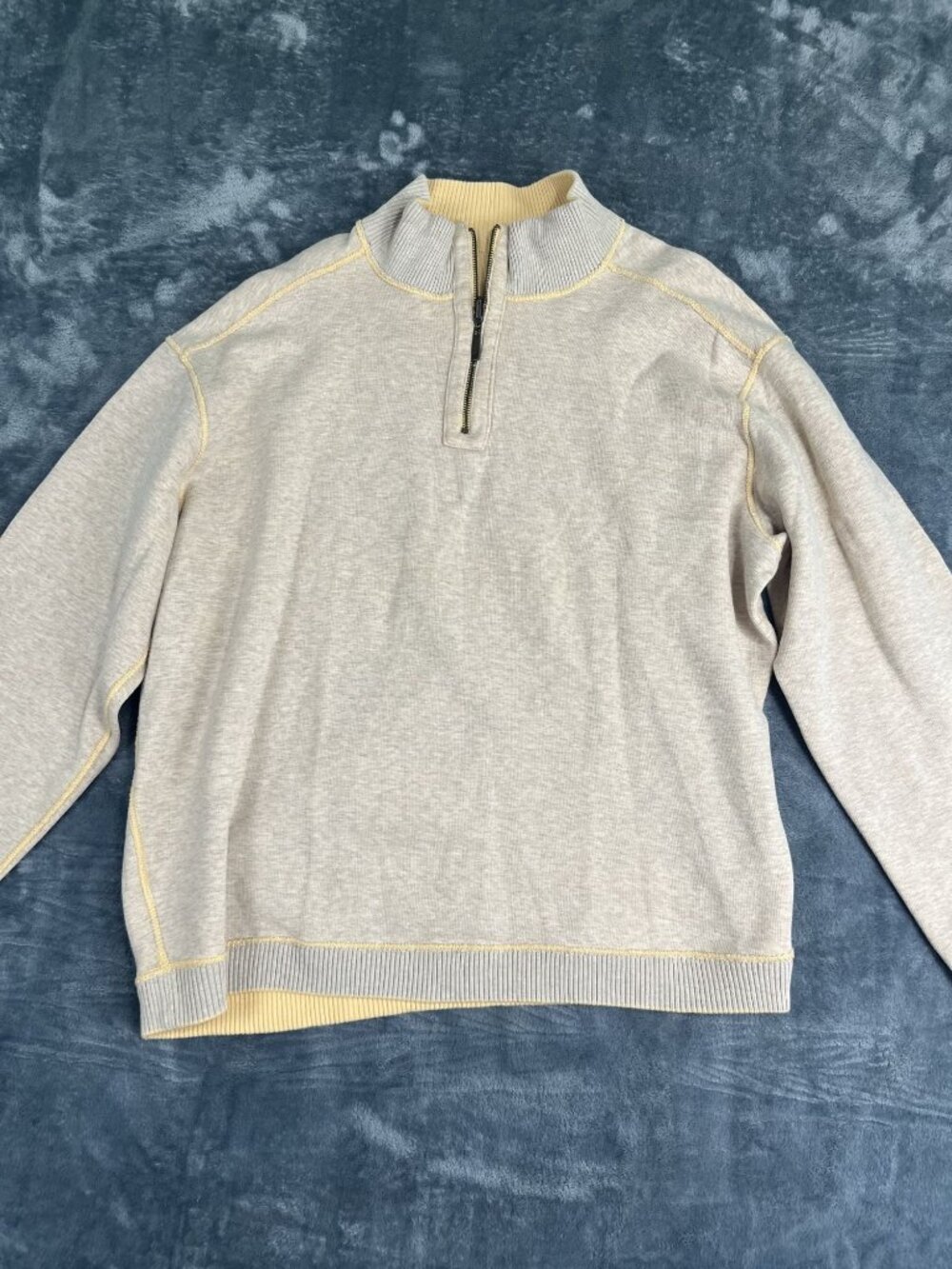 Caribbean Joe 1/4 Zip Pullover Sweatshirt Beige & Yellow Ribbed Collar Mens M